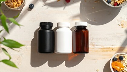 Minimalist Nutritional Supplement Bottle Array with Healthy Food Background Flat Lay