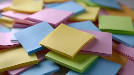 Pile of colorful pastel sticky notes scattered on a surface