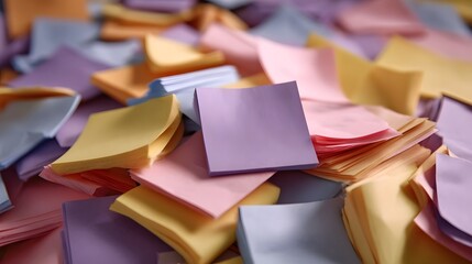 A chaotic and vibrant pile of pastel sticky notes scattered in disarray showcasing a mix of colors and textures