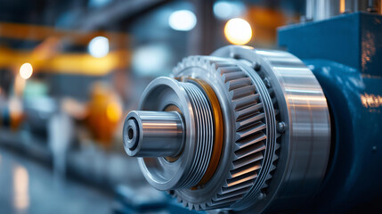 Fototapeta premium Closeup of mechanical gears and levers controlling massive water turbine, hydroelectric power components, industrial mechanism detail, energy generation machinery, with copy space