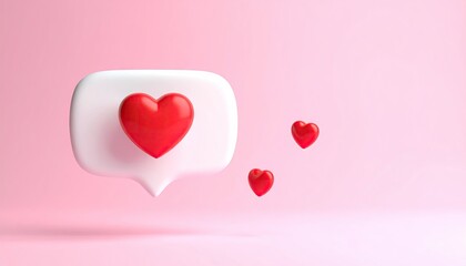 3D social media like notification with red heart symbol on pink background.