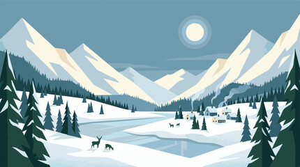 Idyllic winter landscape with snow-capped mountains, forest, and cozy cabin