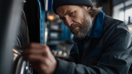 Faceless skilled mechanic focused on repairing large tire in industrial workshop, showcasing dedication and craftsmanship in heavy equipment maintenance and repair services, defocused person,