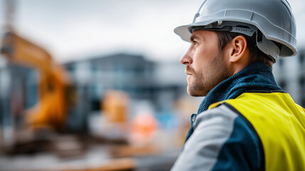 Fototapeta premium Faceless civil engineer in reflective jacket with safety helmet looks into distance at construction site with excavator in background, site supervision, project oversight, defocused person, with