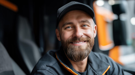 Faceless truck driver smiling, happy commercial vehicle operator, positive transportation professional, satisfied logistics worker, defocused driver face, with copy space