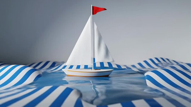 Close up of a miniature sailboat navigating through a striped fabric representing water waves