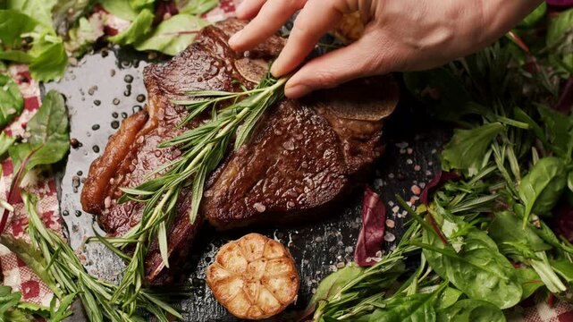Grilled T-Bone Steak with Rosemary Twig on Table Close Up Handheld Camera