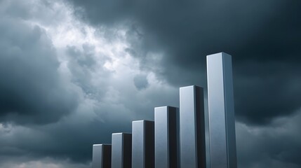 A metallic bar graph shows upward growth against a dramatic stormy sky symbolizing financial uncertainty or challenge