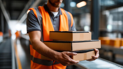 Faceless worker in advanced warehouse uses powered exoskeleton to lift heavy boxes safely, concept advanced technology workplace operations exoskeletons safety heavy lifting, defocused person,