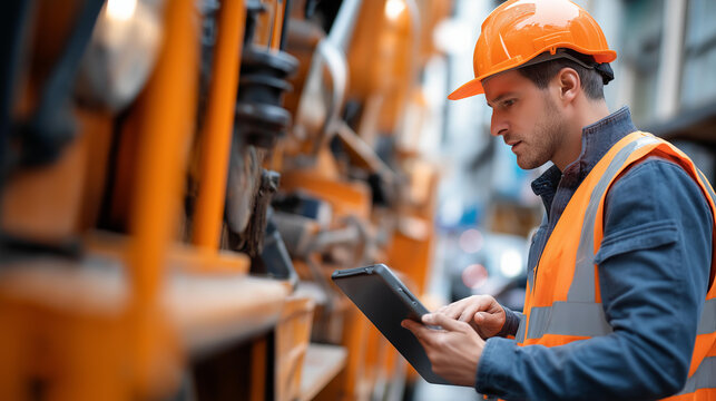 Faceless construction site worker assessing machinery features during daylight hours with safety gear in busy urban location, equipment evaluation, defocused person examining, with copy space