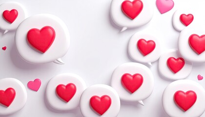 3D rendered speech bubbles filled with red and pink hearts on a white background.