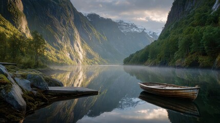 Quaint dock on a Norwegian fjord surrounded by cliffs and misty water