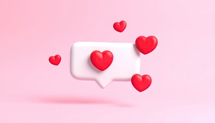 Social media notification with red hearts and speech bubble on pink background.