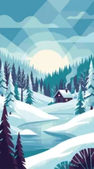 Selbstklebende Fototapeten Blue Jeans Winter landscape with cozy cabin, snow, trees, frozen river, and sun  © ObStock