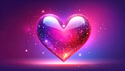 Vibrant sparkling heart with cosmic glitter and glowing lights on a purple background.
