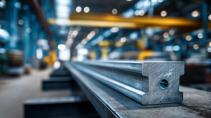 Galvanized steel beam attached to platform with heavy equipment in background, industrial construction materials, structural metal support, manufacturing facility hardware, engineering