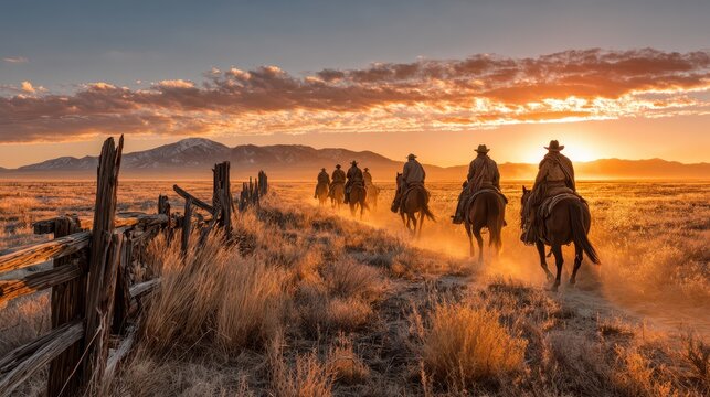 Ranch life at golden sunset with a line of horsemen