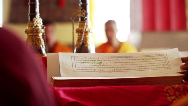 Close-Up of Sacred Buddhist Manuscript Used in Tibetan Monastery Ritual