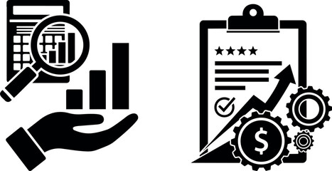 Black and white vector icons showing hand holding magnifying glass over charts and clipboard with upward arrow and dollar symbol growth