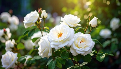 Beautiful white roses blooming in a sunlit garden.
