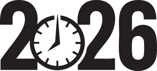 New Year 2026 Midnight Countdown Clock Silhouettes on White Background