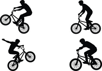Naklejka premium BMX riders vector silhouette set, four dynamic male figures performing bicycle tricks and stunts, extreme sport and freestyle cycling collection.