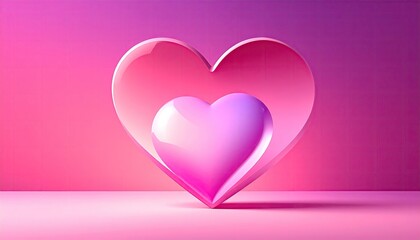 Abstract 3D rendering of two glossy pink hearts nested together against a soft pink and purple gradient background, symbolizing love and romance.