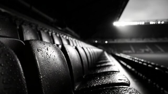 Empty Stadium Seating in Black and White Under Dim Lighting with Rain Droplets