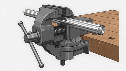 Heavy-duty metal vise clamped to a wooden workbench for secure holding.