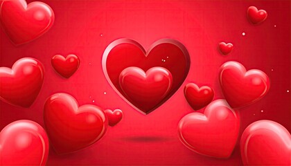 A beautiful arrangement of glossy red hearts floating on a vibrant red background, perfect for romantic occasions and celebrations.