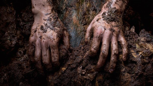 Close-up of hands covered in mud. The image conveys a sense of labor, connection to nature, and the raw essence of earth. The textures are rich, and details are pronounced.