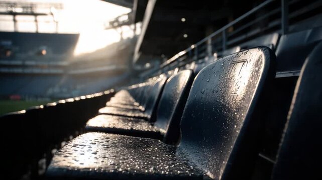 Empty Blue Seating at Stadium with Water Droplets in Golden Sunlight Low Angle View Sport Venue Awaiting Spectators Calm Atmosphere on a Clear Day