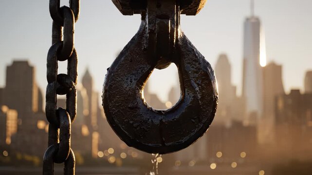 Metal hook and chain with city skyline