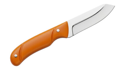Isolated orange-handled knife with a straight steel blade lying flat for camping or hunting