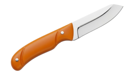 Isolated orange-handled knife with a straight steel blade lying flat for camping or hunting