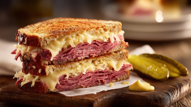 Savory Reuben sandwich featuring corned beef and warm bread, paired with dill pickles