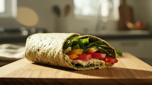 Fresh and healthy wrap with colorful vegetables on a wooden cutting board in a bright kitchen