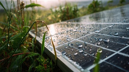 Solar panel covered in morning dew water droplets