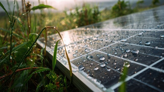 Solar panel covered in morning dew water droplets - Powered by Adobe