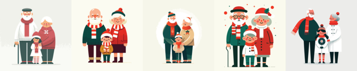 Vector full body of old couple hugging their beloved grandchild at Christmas