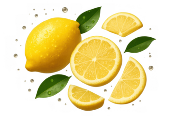 Fresh lemon slices and whole fruits falling with water drops and green leaves, transparent background