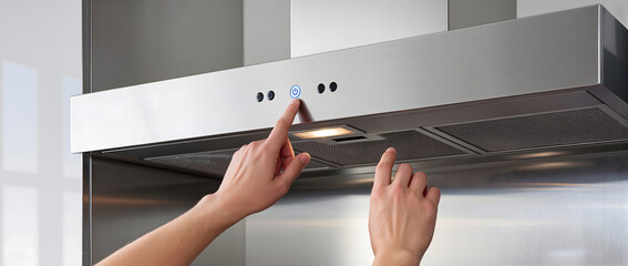 View of Hands Switching On Modern Stainless Steel Kitchen Range Hood with Built-In Lighting