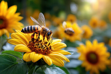Bee pollinating a bright yellow sunflower