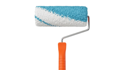 Isolated image of a paint roller with blue and white paint, handle, ready for painting