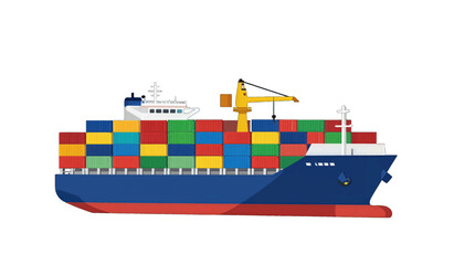 Colorful Cargo Ship with Containers and Crane Vector Illustration