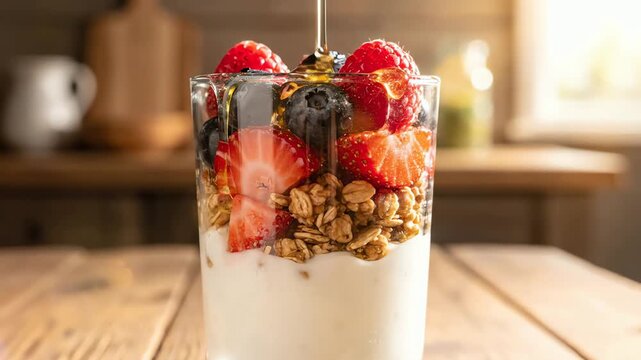 Delicious Yogurt Parfait with Granola and Fresh Berries Being Drizzled with Honey Close Up