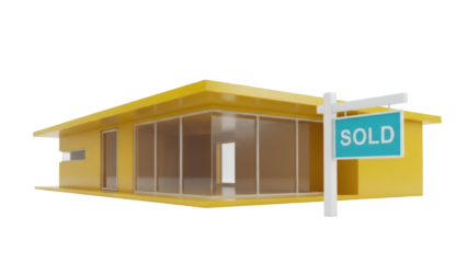 Isolated modern yellow house building with SOLD sign, property on the market, real estate deal
