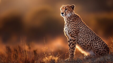 Fototapeta premium Majestic cheetah perched, gazing into the horizon, amidst golden light-kissed savannah. Its spotted fur shimmers, embodying the wild's beauty and grace.