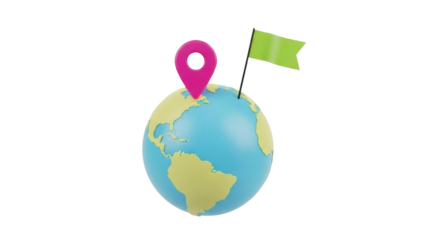 Isolated globe with location pointer and flag suggesting travel destination or search