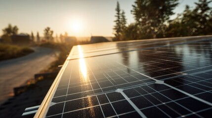 Solar panel with sun reflection at sunset